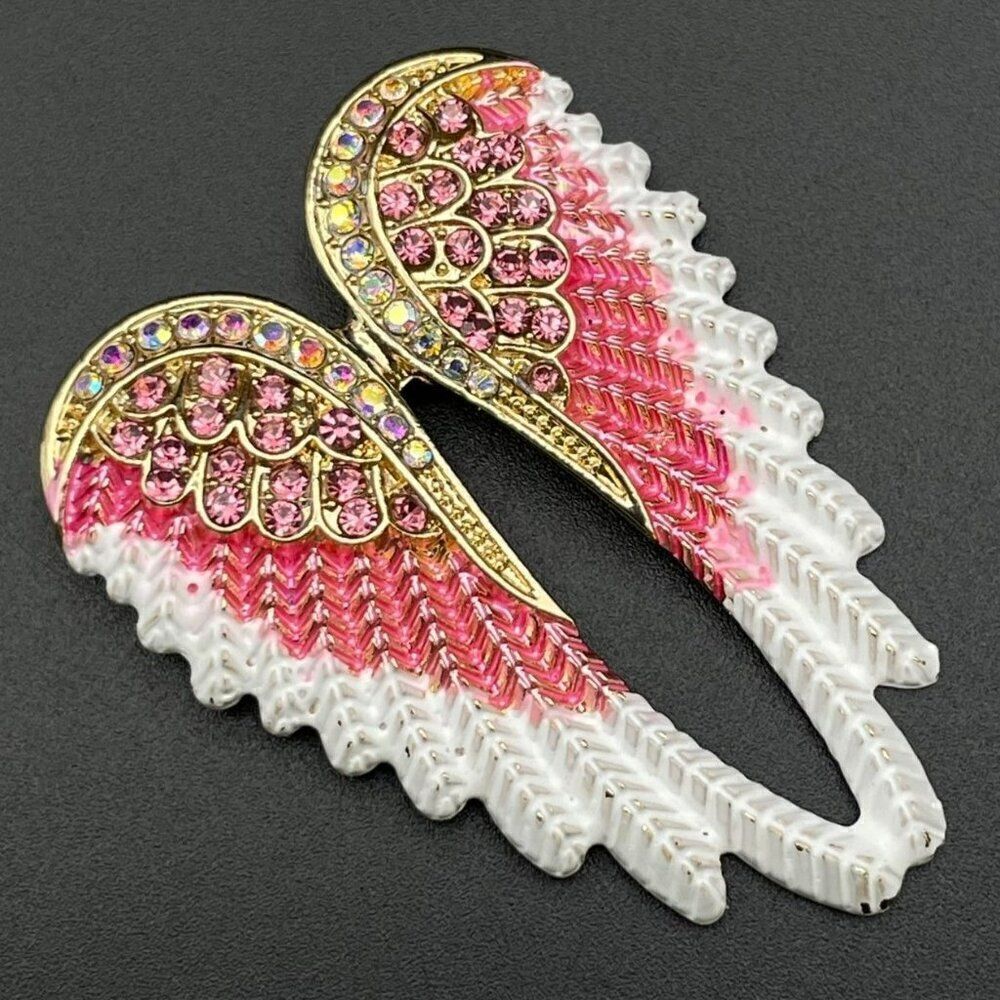 Yellow Gold with Pink Sapphire and AB Crystal Enamel Angel Wing Pin Back Brooch